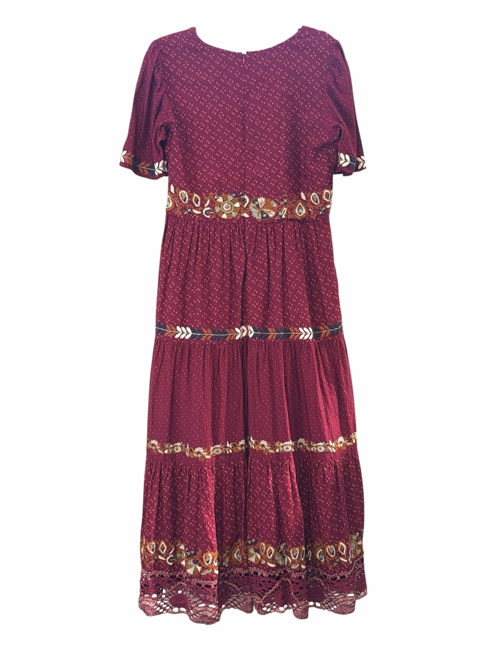 Böhme Spanish Embroidered Maxi Dress Burgundy Boho Tiered 100% cotton medium - Picture 3 of 6